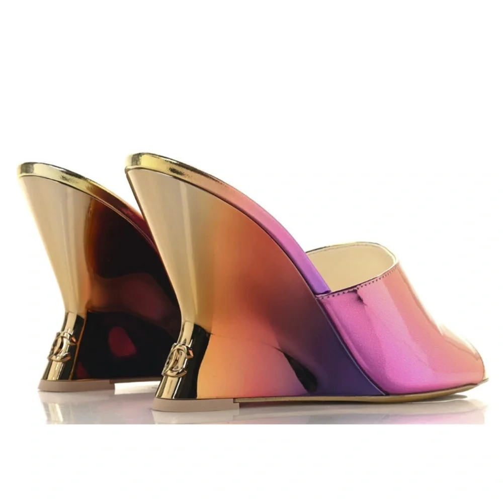 CHANEL Laminated Calfskin Wedge Mules 37.5 Pink Orange Yellow Multicolor CC logo - Picture 3 of 13